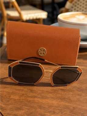 Tory Burch Gold-Tone Geometric Sunglasses with Brown Case